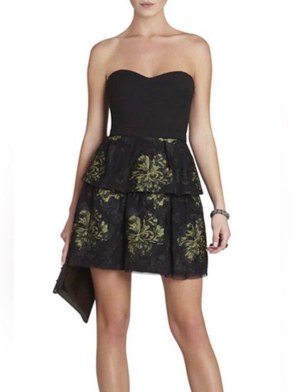 BCBGMAXAZRIA Tia Lace Embroidered Peplum Cocktail Dress Black Green size 2